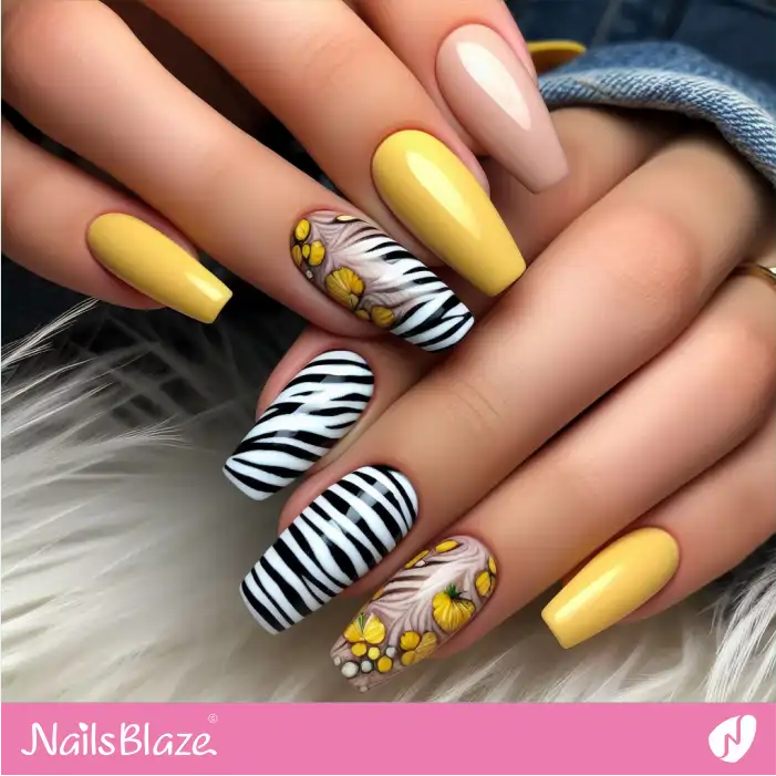 Yellow and White Nails Zebra Print Design | Animal Print Nails - NB2478